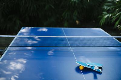 Outdoor table tennis board with paddles and a ball