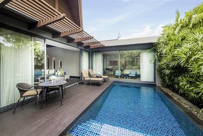 Pool and deck with view of the master bedroom