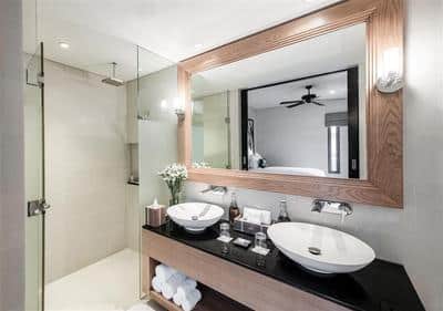 Bathroom with shower and double vanity unit
