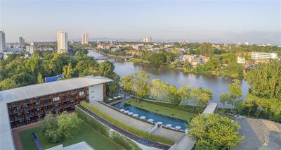 Aerial view of the resort overlooking the river